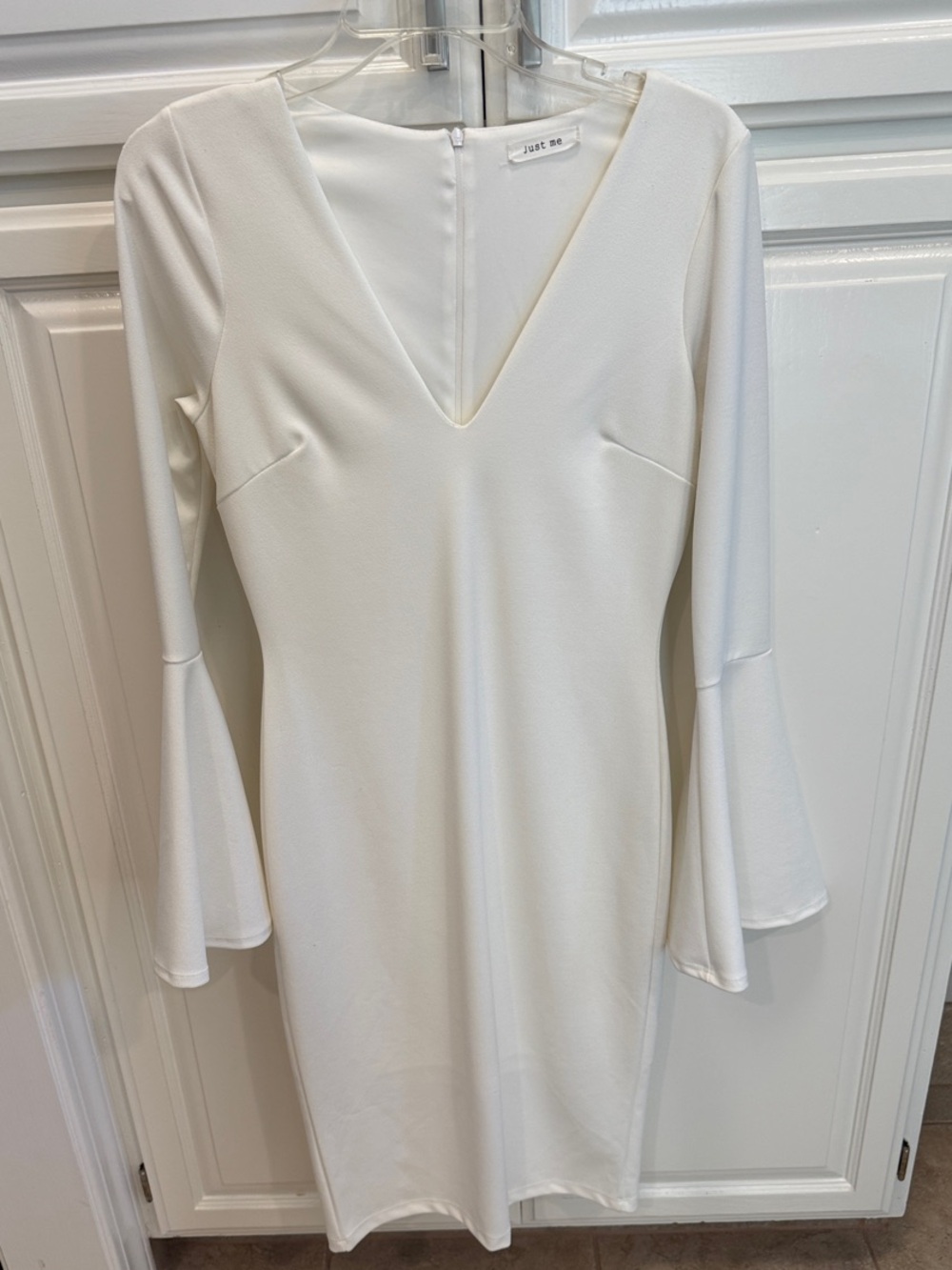 Just Me Ivory V-Neck Long Sleeve Bell Dress